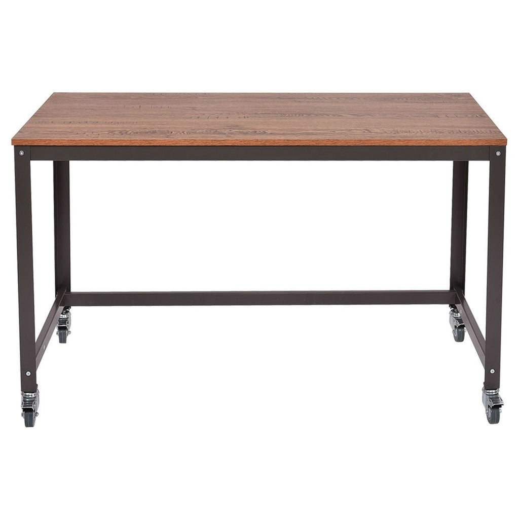 Industrial Modern Steel Frame Wood Top Computer Desk with Locking Wheels-2