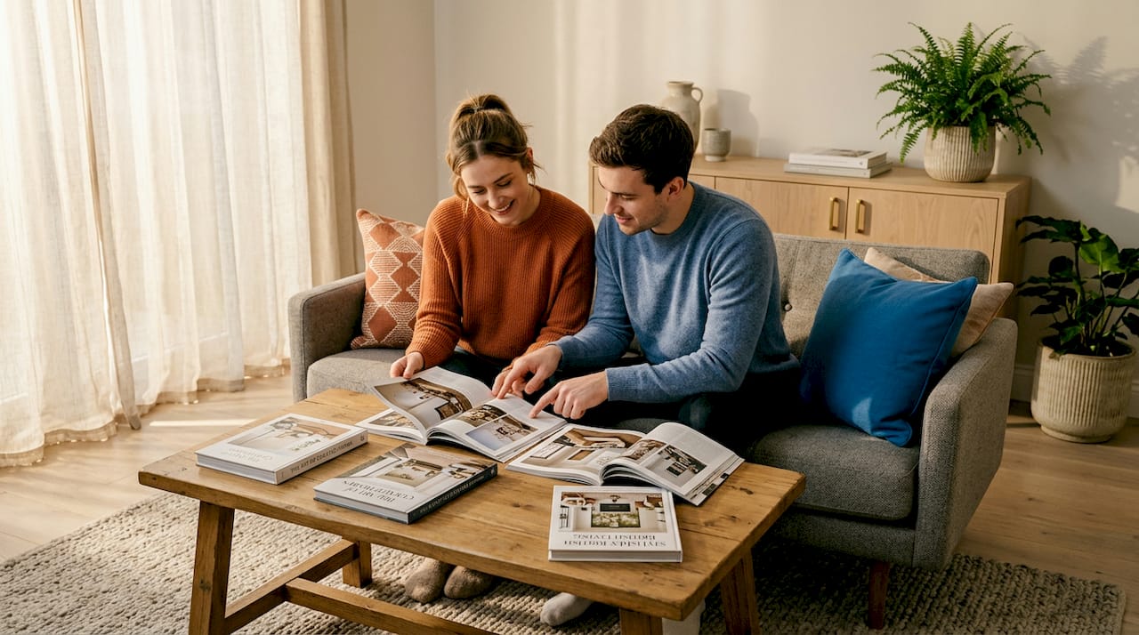 Couple planning decor with affordable furniture