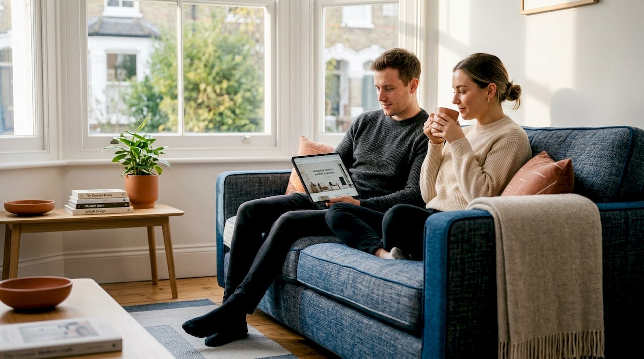 Couple relaxing on sofa bed in small apartment