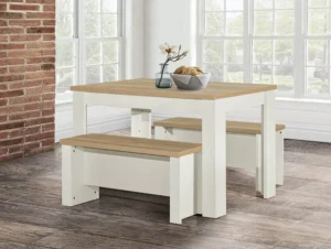 Birlea Highgate Cream and Oak Dining Table and 2 Bench Set