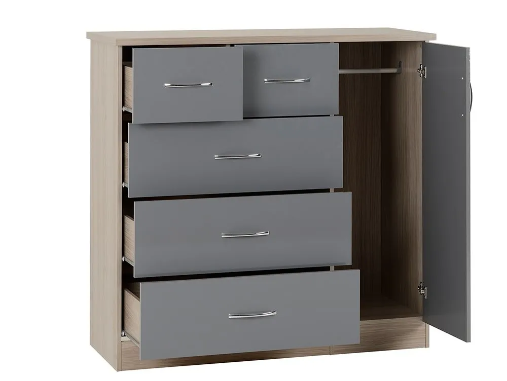 Seconique Nevada Grey Gloss and Oak 1 Door 5 Drawer Chest of Drawers - Image 2