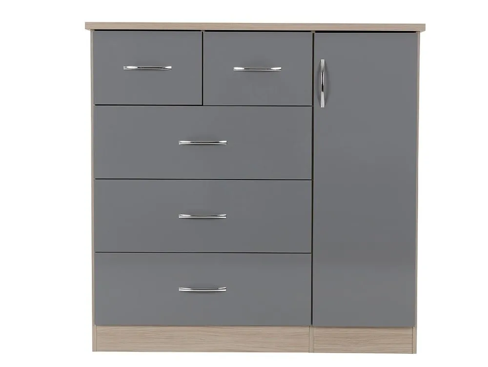Seconique Nevada Grey Gloss and Oak 1 Door 5 Drawer Chest of Drawers - Image 3