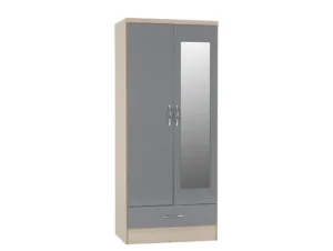 Seconique Nevada Grey Gloss and Oak 2 Door 1 Drawer Mirrored Wardrobe