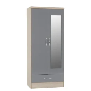 Seconique Nevada Grey Gloss and Oak 2 Door 1 Drawer Mirrored Wardrobe