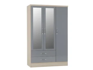 Seconique Nevada Grey Gloss and Oak 3 Door 2 Drawer Mirrored Wardrobe