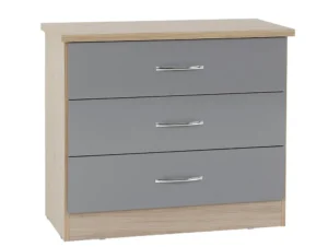 Seconique Nevada Grey Gloss and Oak 3 Drawer Low Chest of Drawers