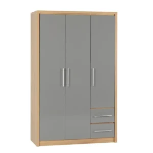 Seconique Seville Grey High Gloss and Oak 3 Door 2 Drawer Wardrobe