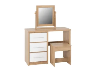 Seconique Seville White High Gloss and Oak 3 Drawer Dressing Table Set