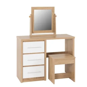 Seconique Seville White High Gloss and Oak 3 Drawer Dressing Table Set