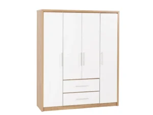 Seconique Seville White High Gloss and Oak 4 Door 2 Drawer Wardrobe