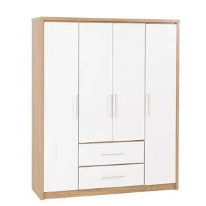 Seconique Seville White High Gloss and Oak 4 Door 2 Drawer Wardrobe