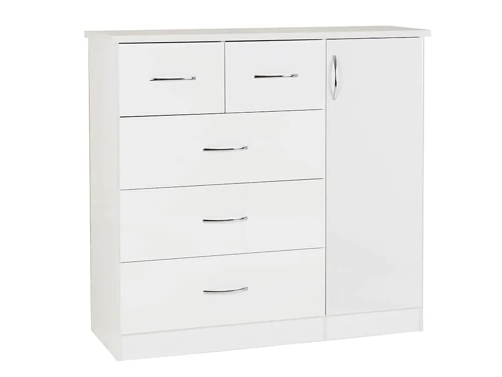 Seconique Nevada White High Gloss 1 Door 5 Drawer Chest of Drawers