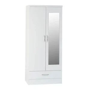 Seconique Nevada White High Gloss 2 Door 1 Drawer Mirrored Wardrobe