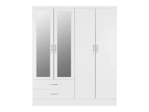 Seconique Nevada White High Gloss 4 Door 2 Drawer Mirrored Wardrobe