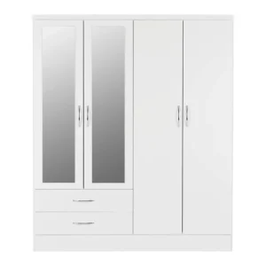 Seconique Nevada White High Gloss 4 Door 2 Drawer Mirrored Wardrobe