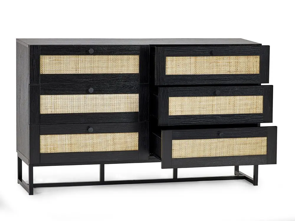 Julian Bowen Padstow Black and Rattan 6 Drawer Chest of Drawers - Image 2