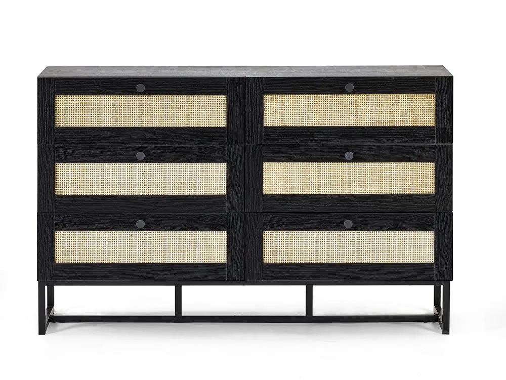 Julian Bowen Padstow Black and Rattan 6 Drawer Chest of Drawers