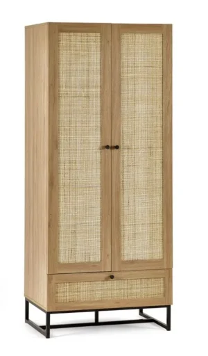 Julian Bowen Padstow Rattan and Oak 2 Door 1 Drawer Wardrobe