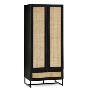 Julian Bowen Padstow Black and Rattan 2 Door 1 Drawer Wardrobe