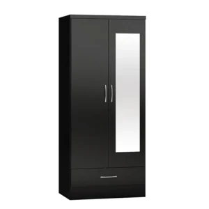 Seconique Nevada Black High Gloss 2 Door 1 Drawer Mirrored Wardrobe
