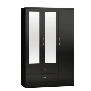 Seconique Nevada Black High Gloss 3 Door 2 Drawer Mirrored Wardrobe