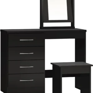 Seconique Nevada Black High Gloss 4 Drawer Pedestal Dressing Table and Stool
