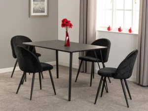 Seconique Marlow Black Marble Effect Dining Table and 4 Black Velvet Chairs