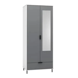 Seconique Madrid Grey Gloss and White 2 Door 1 Drawer Mirrored Wardrobe