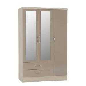 Seconique Nevada Oyster Gloss and Oak 3 Door 2 Drawer Mirrored Wardrobe