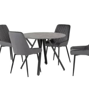 Seconique Athens Concrete Effect Round Dining Table with 4 Avery Grey Velvet Chairs