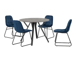 Seconique Athens Concrete Effect Round Dining Table with 4 Lukas Blue Velvet Chairs