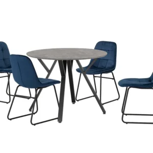 Seconique Athens Concrete Effect Round Dining Table with 4 Lukas Blue Velvet Chairs