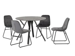 Seconique Athens Concrete Effect Round Dining Table with 4 Lukas Grey Velvet Chairs