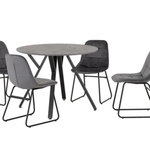 Seconique Athens Concrete Effect Round Dining Table with 4 Lukas Grey Velvet Chairs