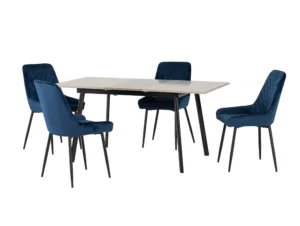 Seconique Avery Grey Oak Extending Dining Table and 4 Blue Velvet Chairs Set