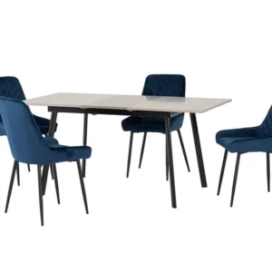 Seconique Avery Grey Oak Extending Dining Table and 4 Blue Velvet Chairs Set