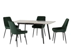 Seconique Avery Grey Oak Extending Dining Table and 4 Green Velvet Chairs Set