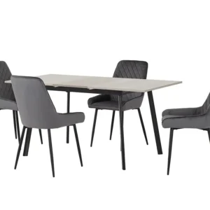Seconique Avery Grey Oak Extending Dining Table and 4 Grey Velvet Chairs Set
