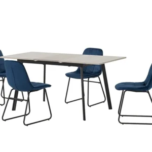 Seconique Avery Grey Oak Extending Dining Table and 4 Lukas Blue Velvet Chairs Set