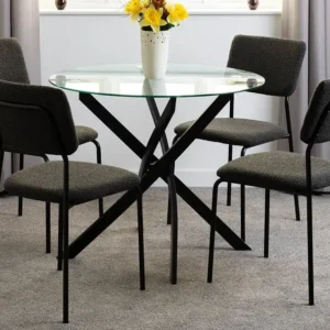 Seconique Sheldon Glass and Black Dining Table and 4 Grey Boucle Fabric Chairs
