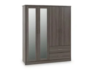 Seconique Lisbon Black Wood Grain 4 Door 2 Drawer Mirrored Wardrobe