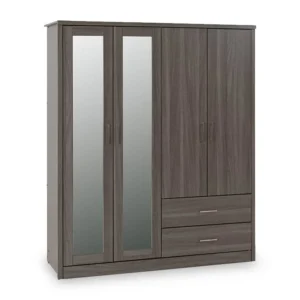 Seconique Lisbon Black Wood Grain 4 Door 2 Drawer Mirrored Wardrobe