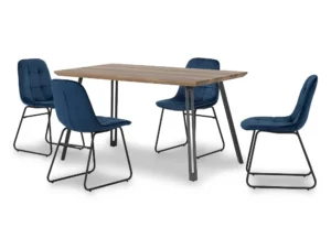 Seconique Quebec Oak Effect Dining Table and 4 Lukas Blue Velvet Chairs