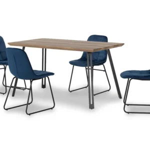 Seconique Quebec Oak Effect Dining Table and 4 Lukas Blue Velvet Chairs