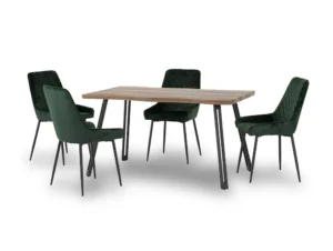 Seconique Quebec Wave Oak Effect Dining Table and 4 Avery Green Velvet Chairs