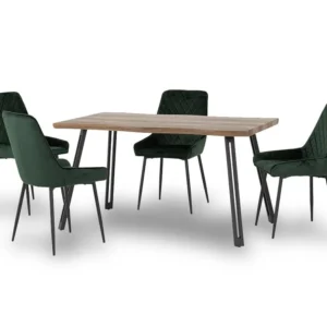 Seconique Quebec Wave Oak Effect Dining Table and 4 Avery Green Velvet Chairs