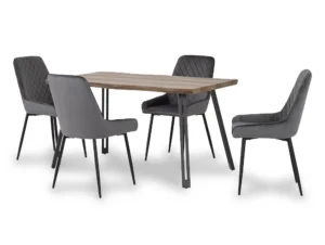 Seconique Quebec Wave Oak Effect Dining Table and 4 Avery Grey Velvet Chairs
