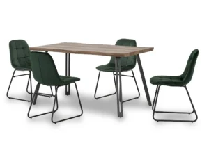 Seconique Quebec Wave Oak Effect Dining Table and 4 Lukas Green Velvet Chairs