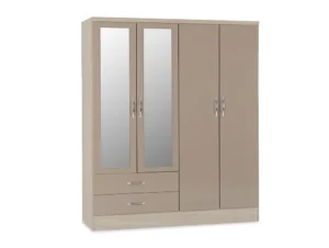 Seconique Nevada Oyster Gloss and Oak 4 Door 2 Drawer Mirrored Wardrobe