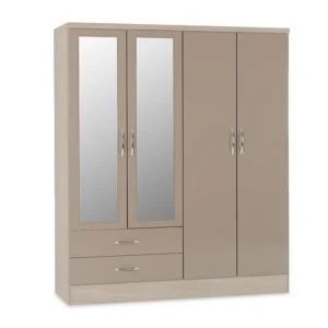 Seconique Nevada Oyster Gloss and Oak 4 Door 2 Drawer Mirrored Wardrobe